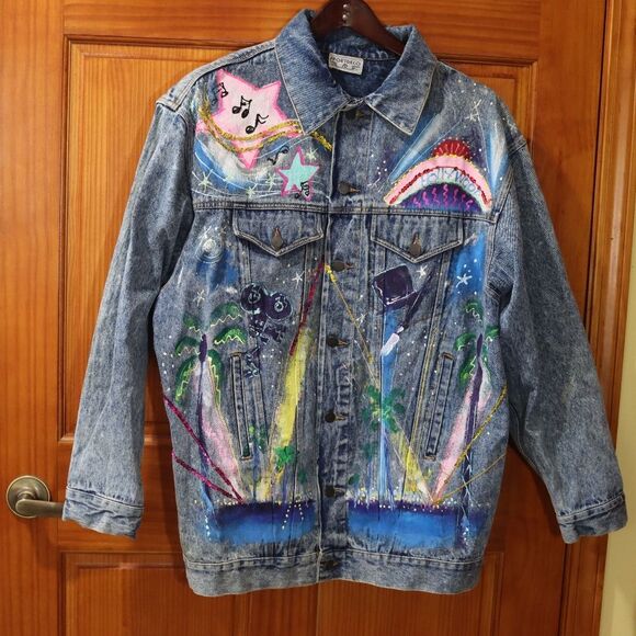 Vintage 80s Sport Deco Hand Painted Hollywood Denim Jacket Sequins Medium - Picture 2 of 16